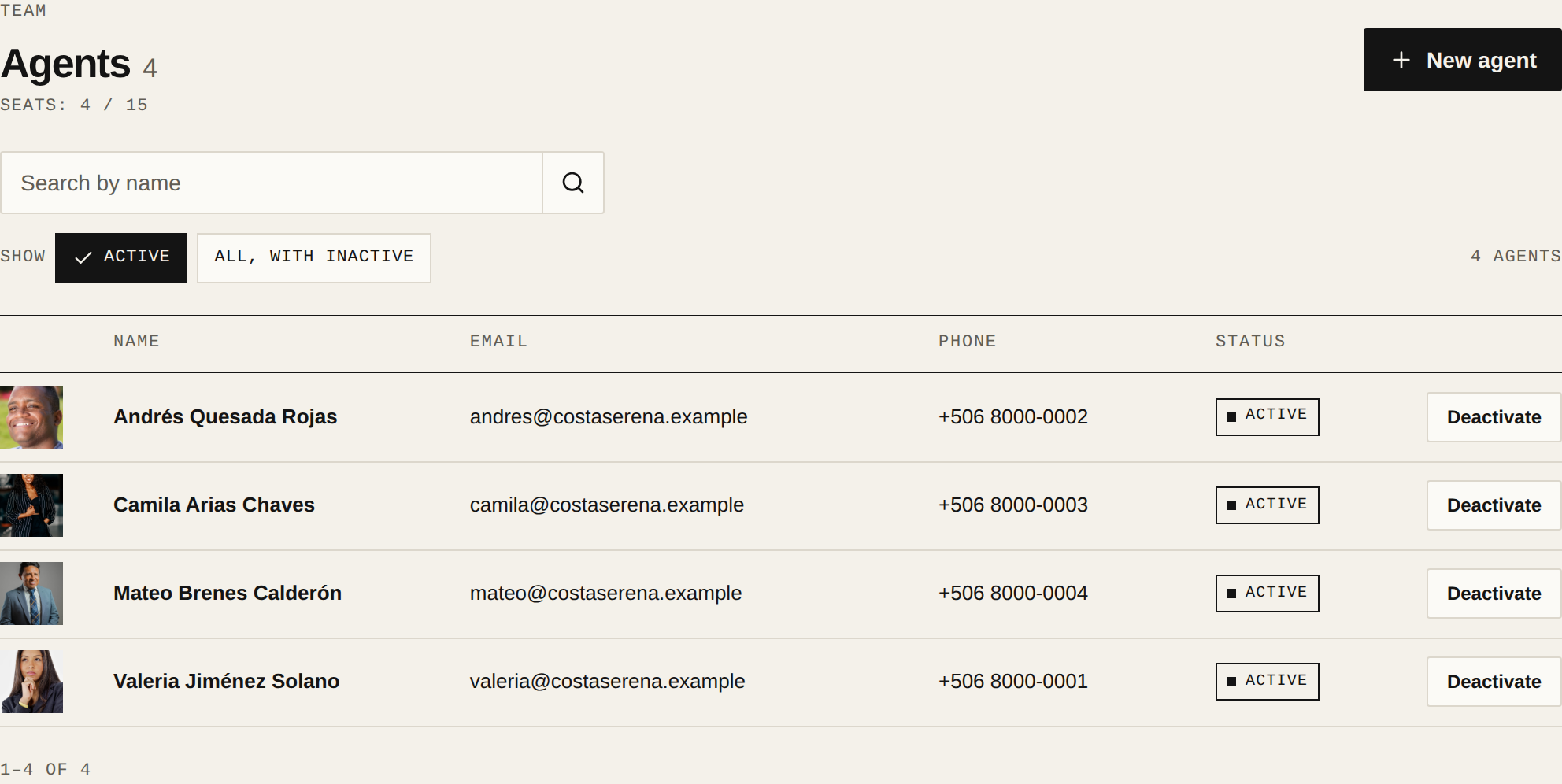 The Agents list with the Deactivate action