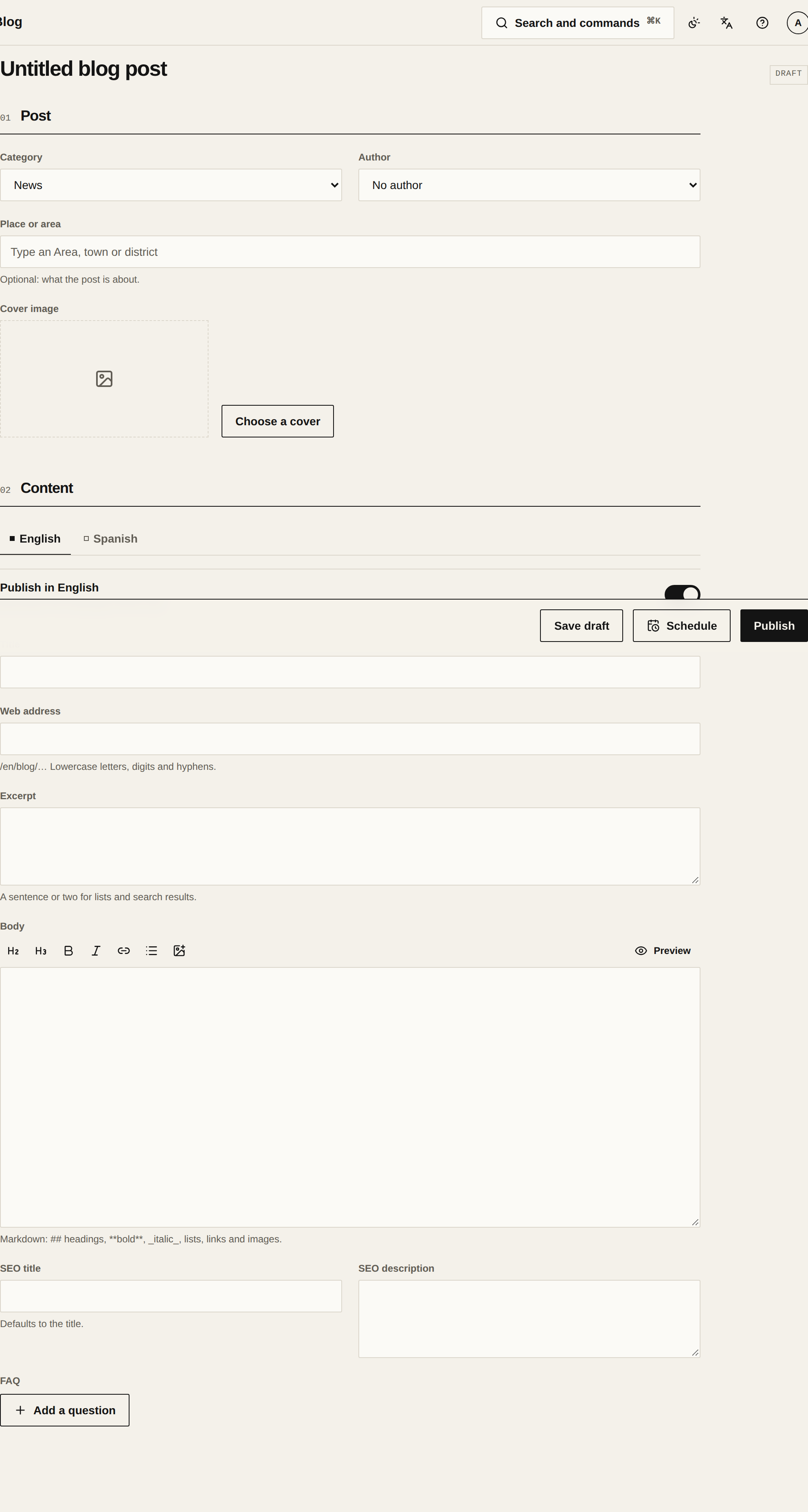 The editor for a new blog post