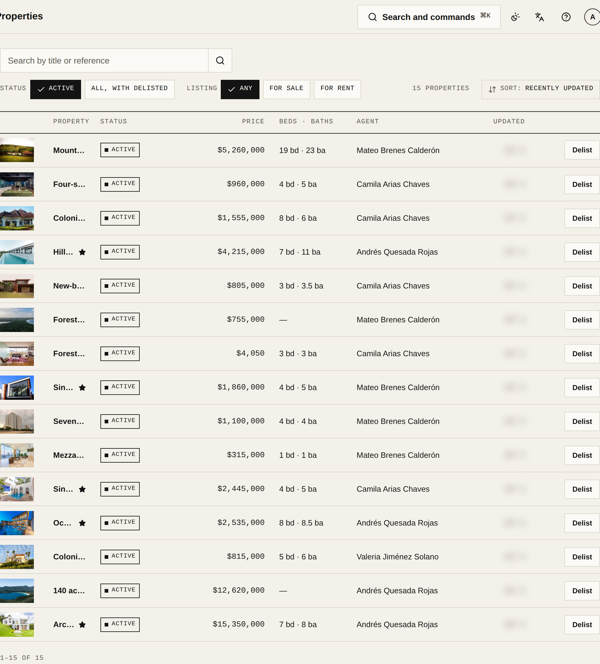 The properties list with search and filters
