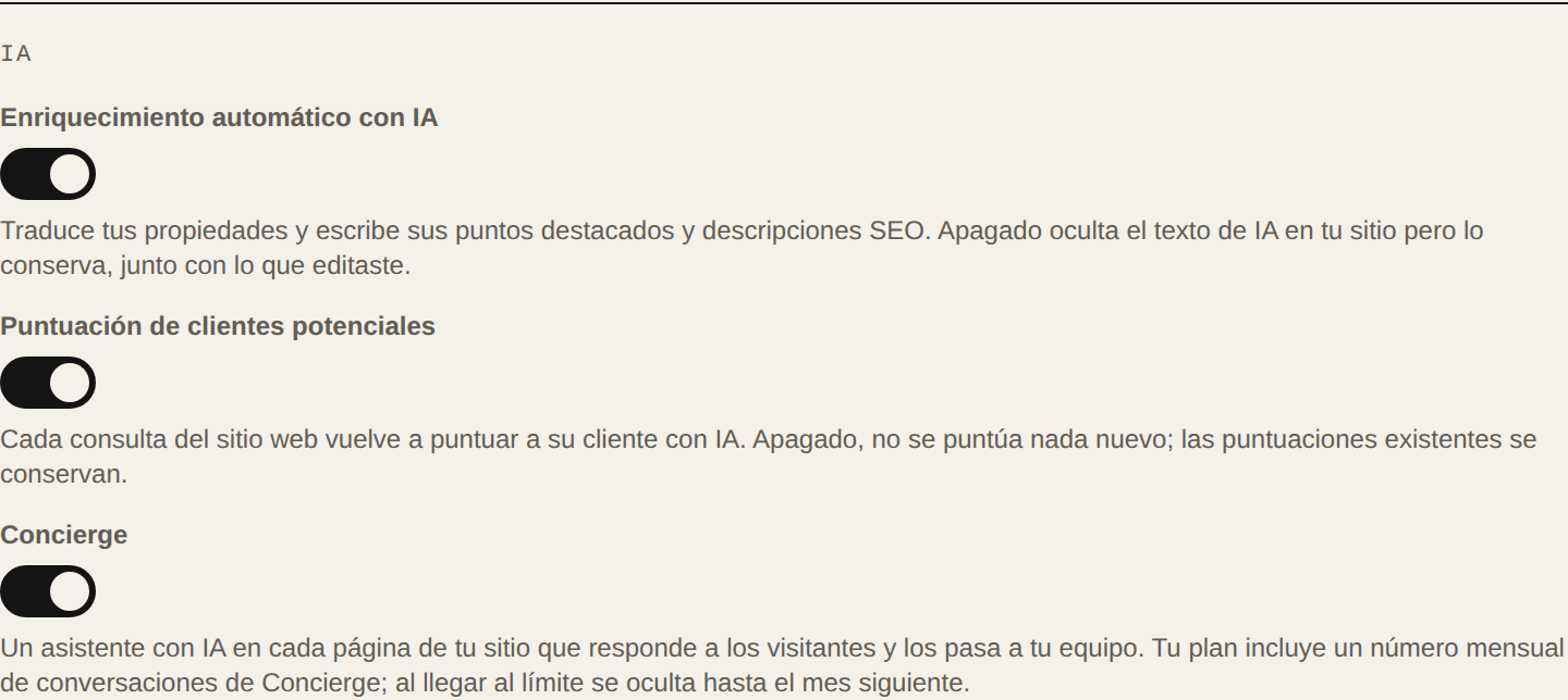Los interruptores de IA en Ajustes