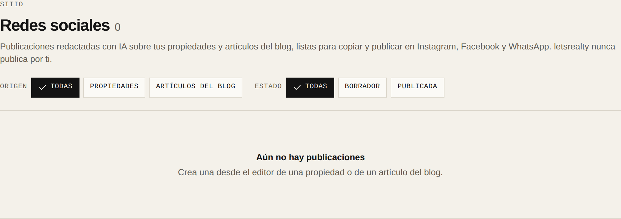 La lista de publicaciones para redes sociales
