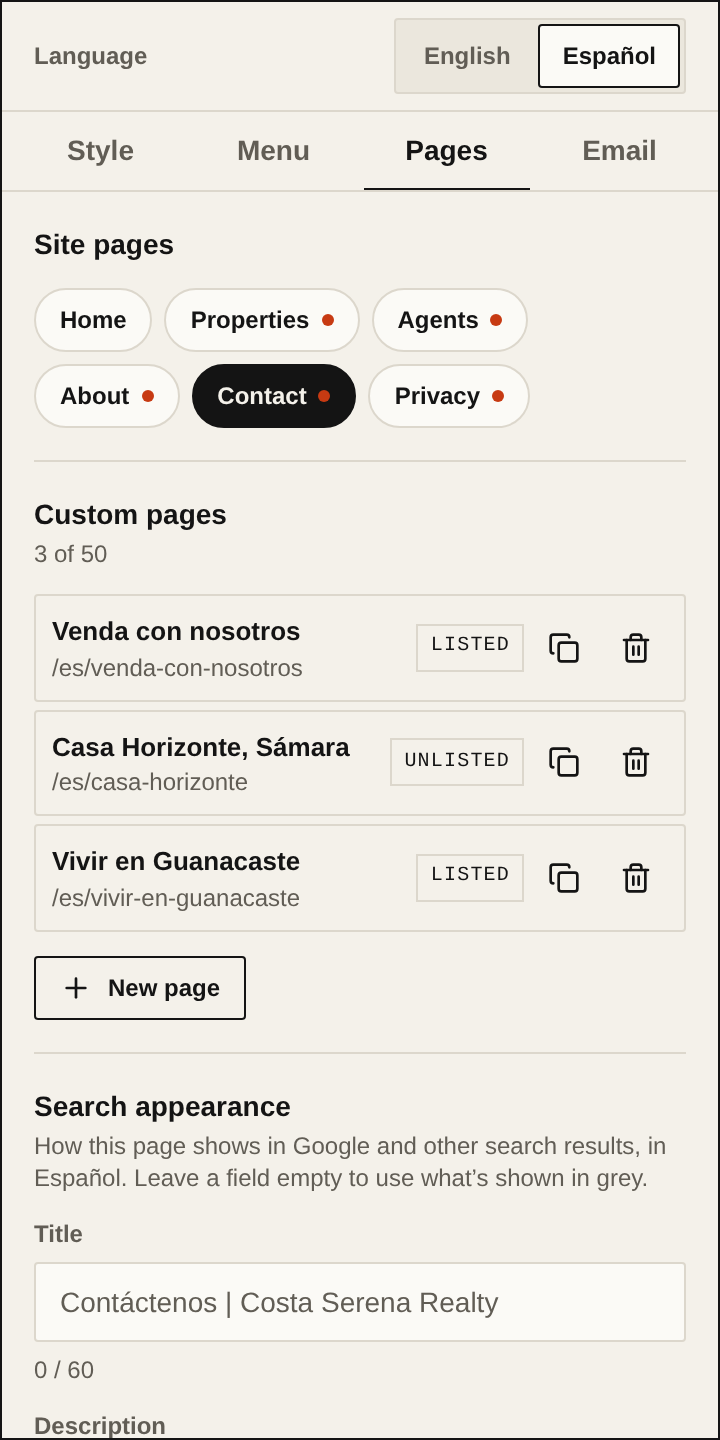 Business details in the Pages tab