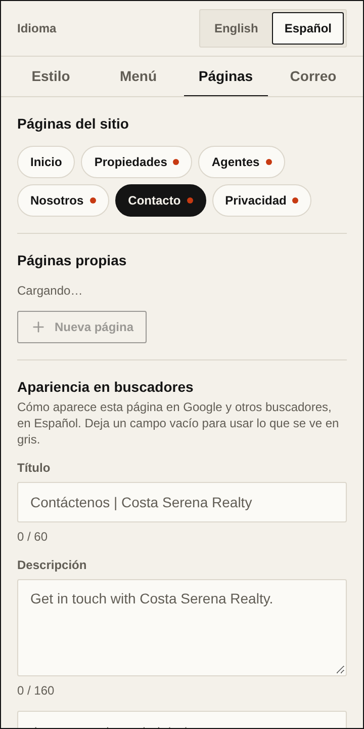 Los datos del negocio en la pestaña Páginas