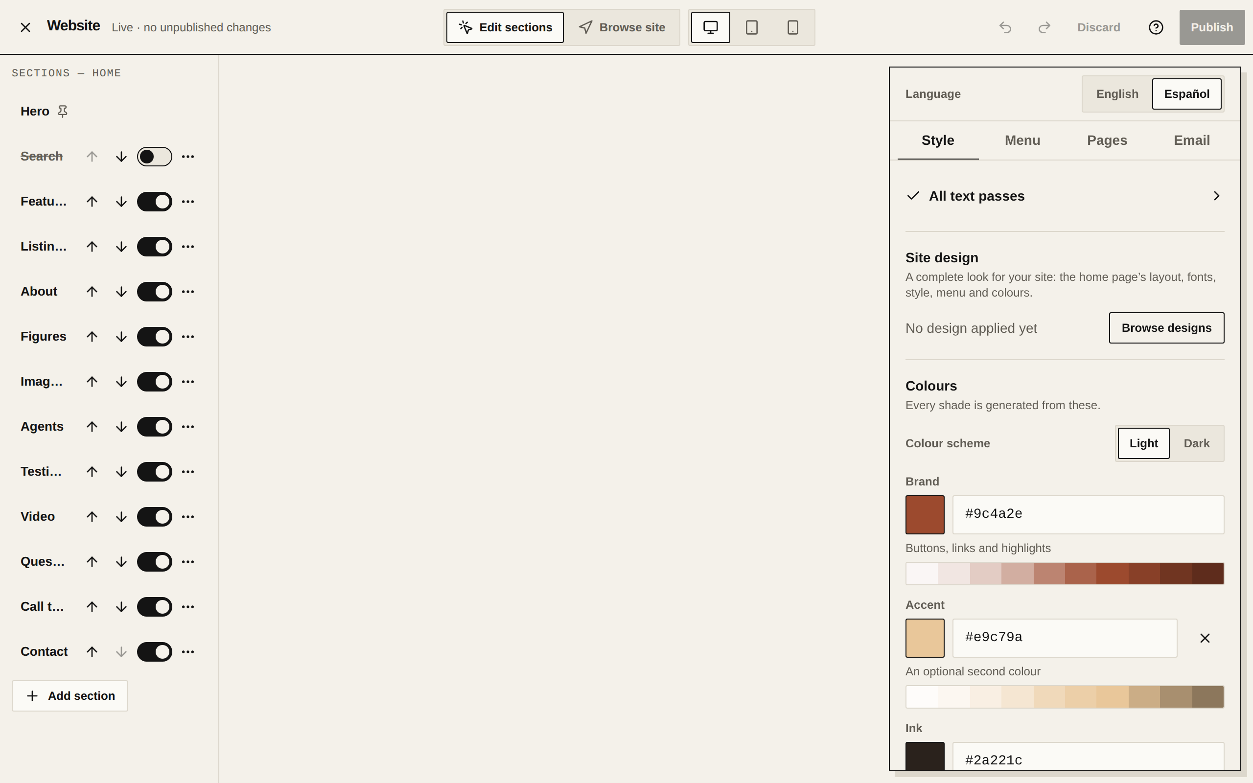 The Website editor with the preview and the inspector