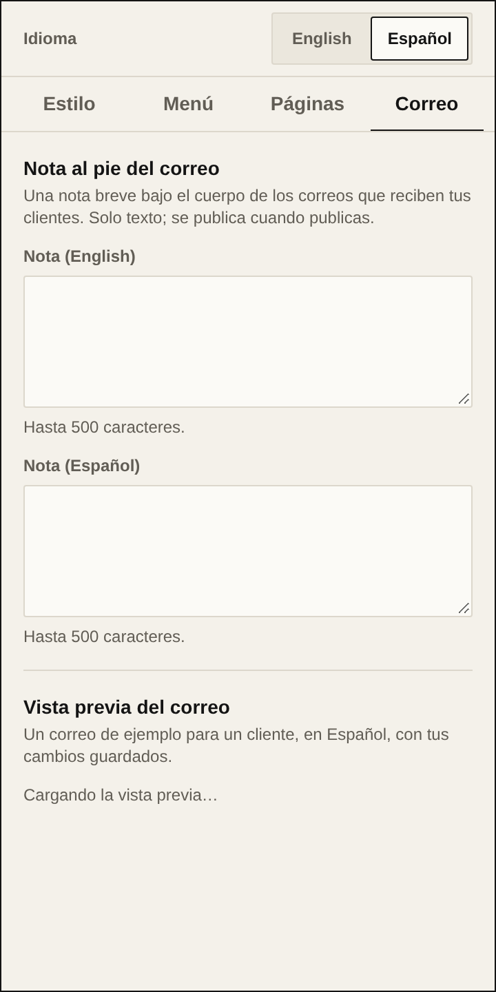 La pestaña Correo con la nota y la vista previa