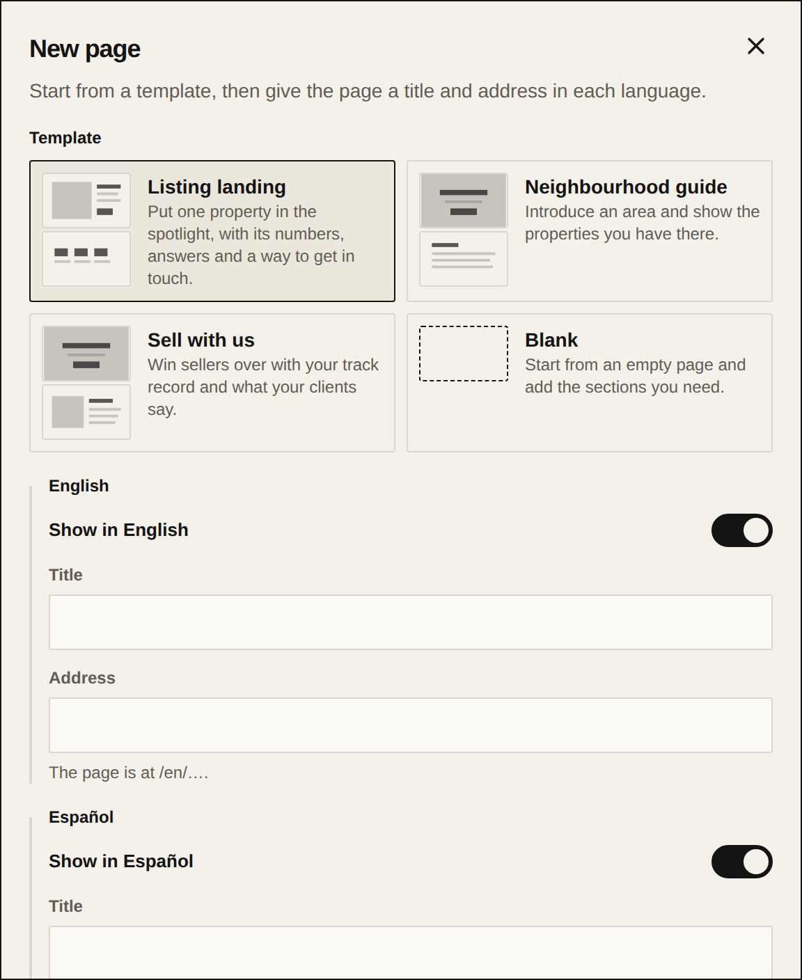 The New page dialog