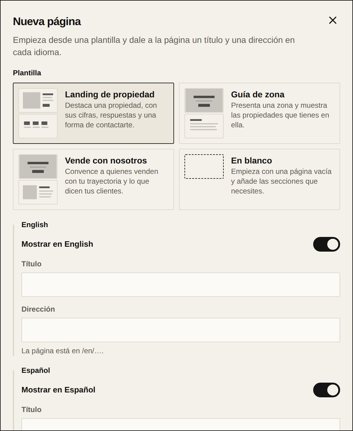 El diálogo Nueva página