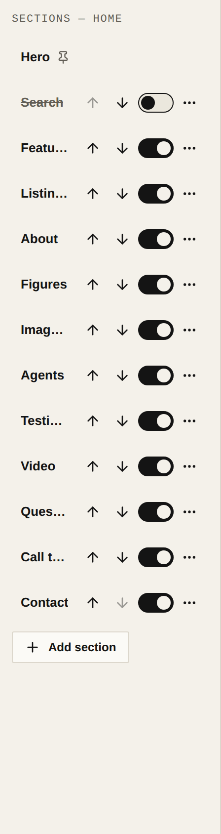 The page's section list